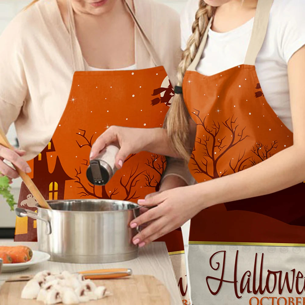 Halloween Printed Linen Apron Waterproof Kitchen Cooking Accessories (82x68cm)