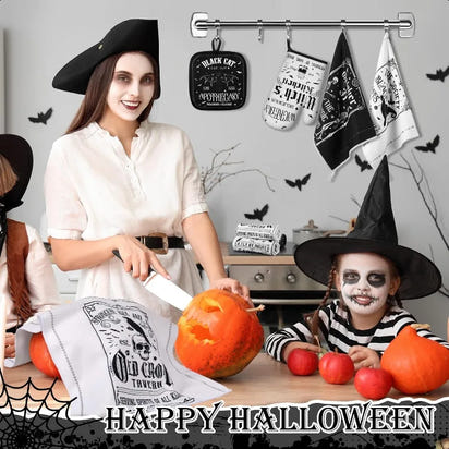 12 Pcs Halloween Kitchen Towels Pot Holders and Oven Mitts Set 4 Skeleton Dish Towels 4 Black Cat Oven Mitts 4 Witch's Kitchen