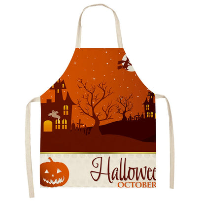 Halloween Printed Linen Apron Waterproof Kitchen Cooking Accessories (82x68cm)