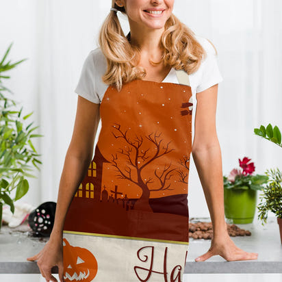Halloween Printed Linen Apron Waterproof Kitchen Cooking Accessories (82x68cm)