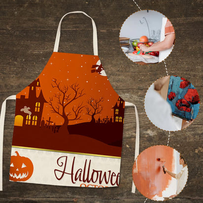 Halloween Printed Linen Apron Waterproof Kitchen Cooking Accessories (82x68cm)