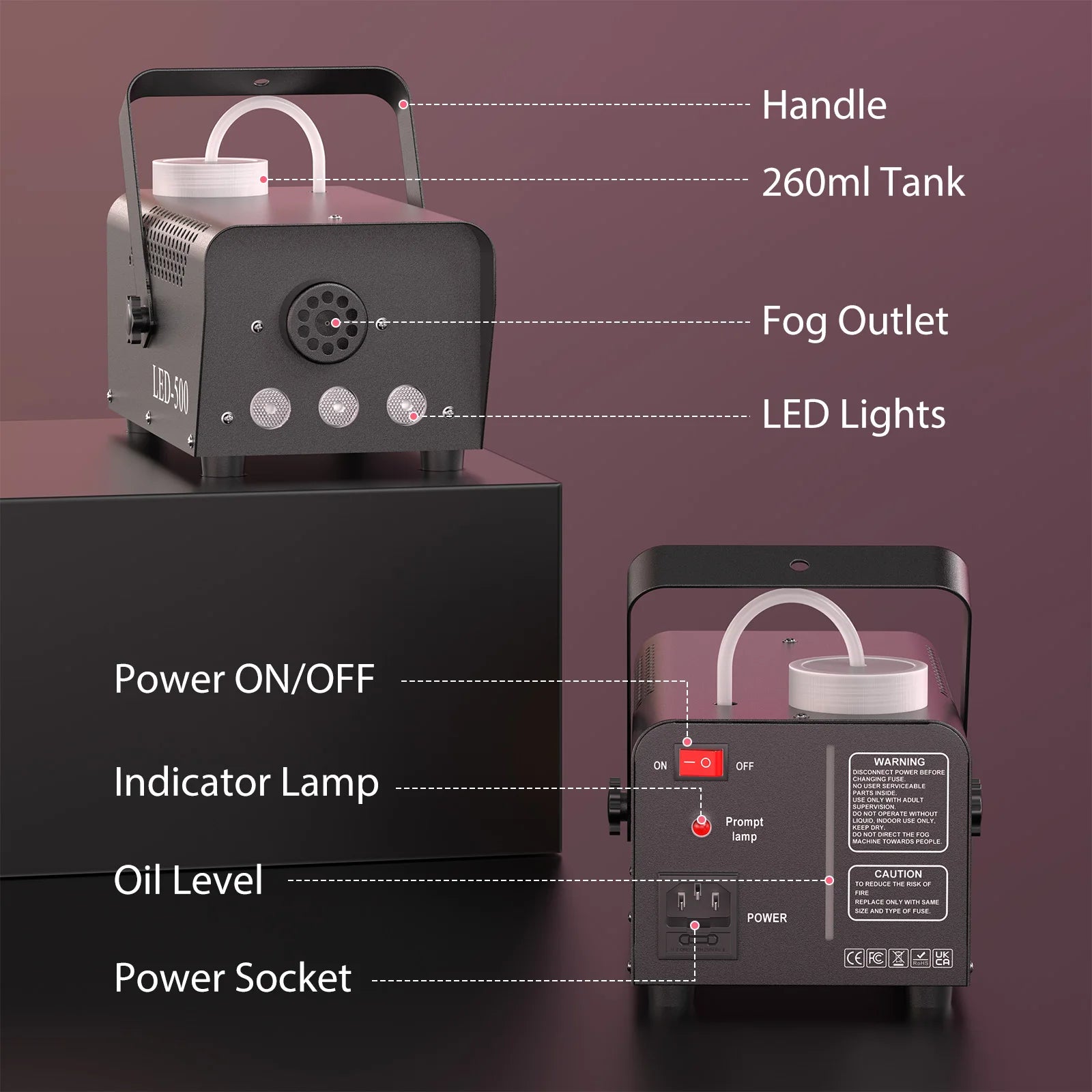 U'King 500W Smoke Machine RGB 3 LED Mixed Color Fog Machine with Remote Control Stage Smoke Ejector for Party DJ Disco Halloween