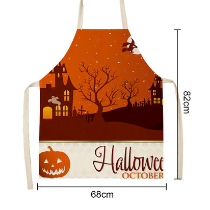 Halloween Printed Linen Apron Waterproof Kitchen Cooking Accessories (82x68cm)