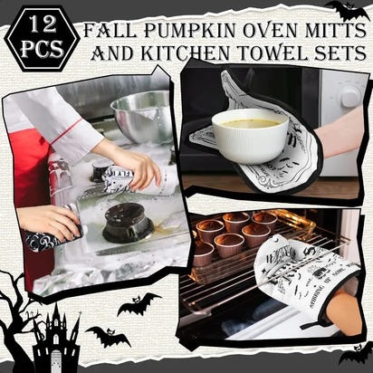 12 Pcs Halloween Kitchen Towels Pot Holders and Oven Mitts Set 4 Skeleton Dish Towels 4 Black Cat Oven Mitts 4 Witch's Kitchen