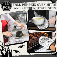 12 Pcs Halloween Kitchen Towels Pot Holders and Oven Mitts Set 4 Skeleton Dish Towels 4 Black Cat Oven Mitts 4 Witch's Kitchen