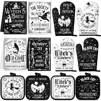 12 Pcs Halloween Kitchen Towels Pot Holders and Oven Mitts Set 4 Skeleton Dish Towels 4 Black Cat Oven Mitts 4 Witch's Kitchen