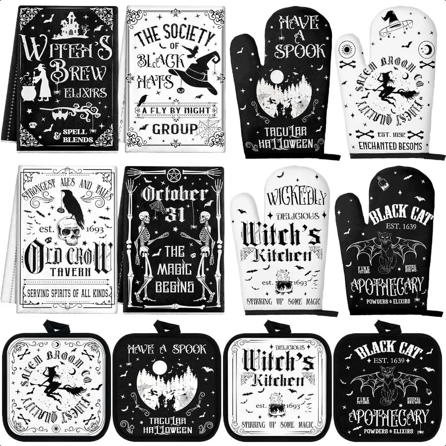 12 Pcs Halloween Kitchen Towels Pot Holders and Oven Mitts Set 4 Skeleton Dish Towels 4 Black Cat Oven Mitts 4 Witch's Kitchen