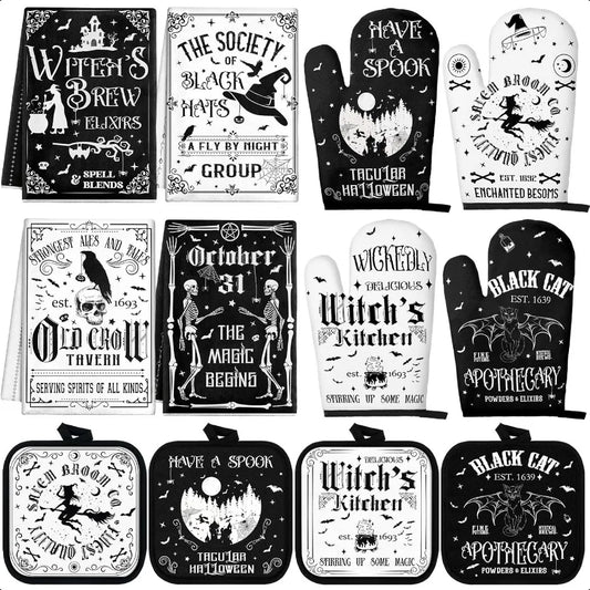 12 Pcs Halloween Kitchen Towels Pot Holders and Oven Mitts Set 4 Skeleton Dish Towels 4 Black Cat Oven Mitts 4 Witch's Kitchen