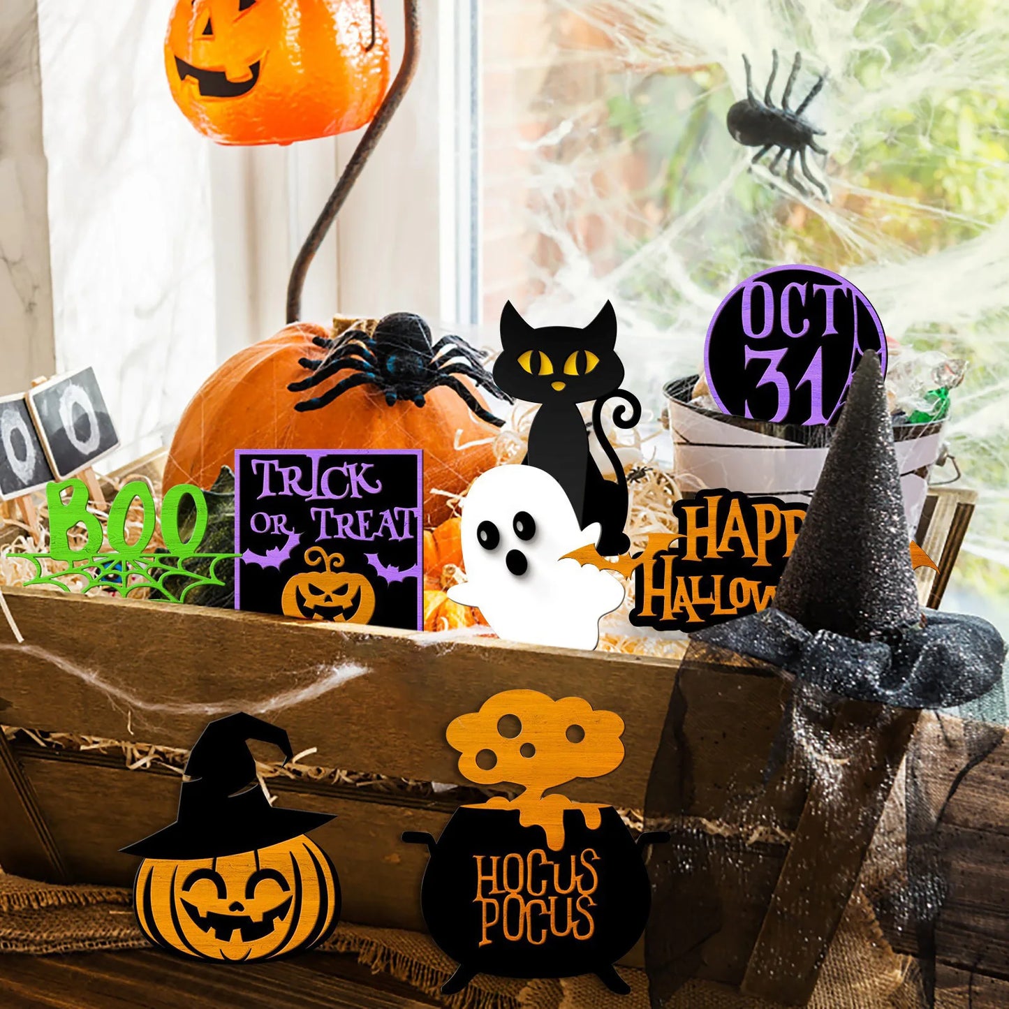 Halloween Wooden Sign Tiered Tray Decor Set Farmhouse Kitchen Decoration (B)