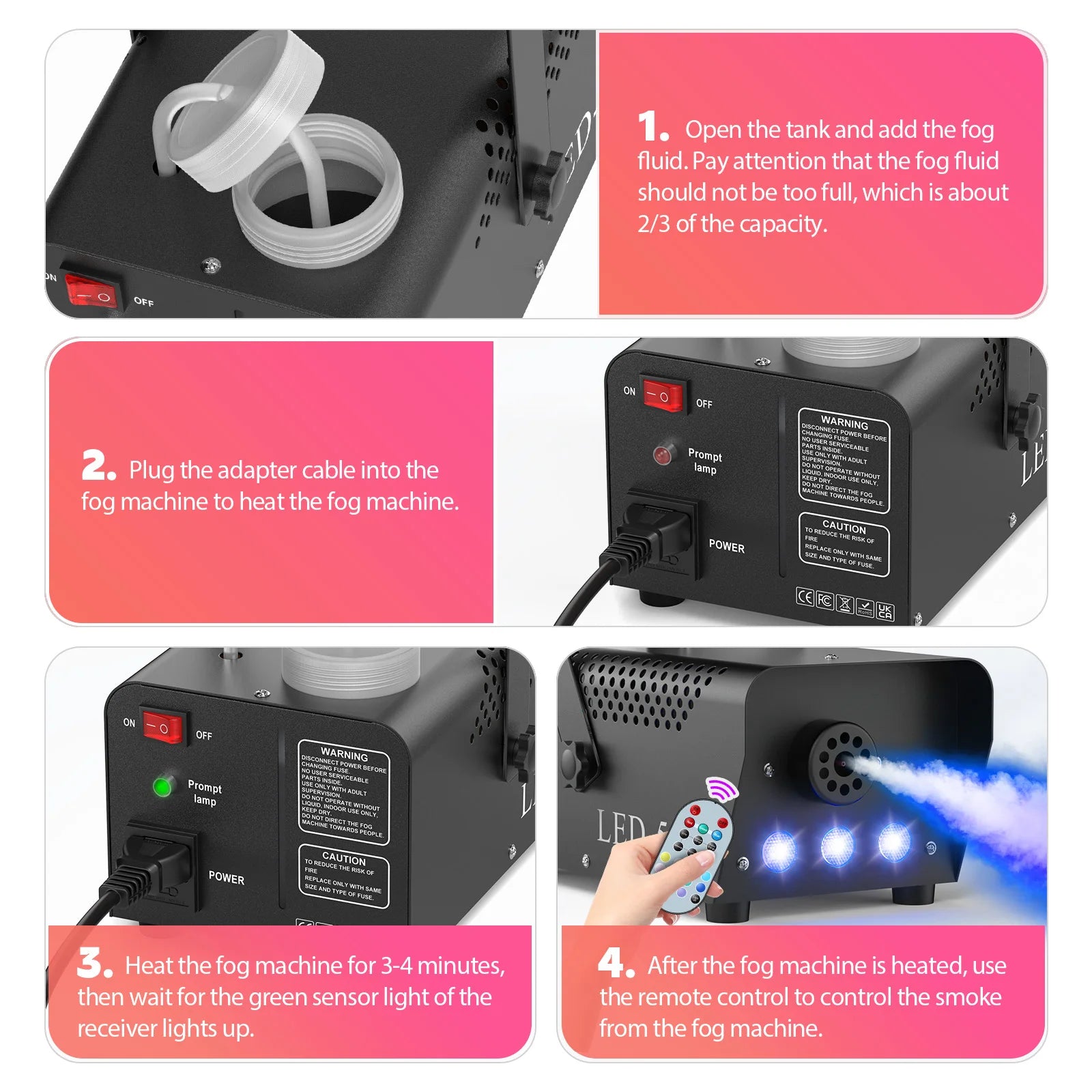 U'King 500W Smoke Machine RGB 3 LED Mixed Color Fog Machine with Remote Control Stage Smoke Ejector for Party DJ Disco Halloween