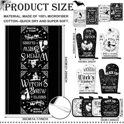 12 Pcs Halloween Kitchen Towels Pot Holders and Oven Mitts Set 4 Skeleton Dish Towels 4 Black Cat Oven Mitts 4 Witch's Kitchen
