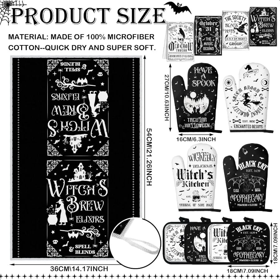 12 Pcs Halloween Kitchen Towels Pot Holders and Oven Mitts Set 4 Skeleton Dish Towels 4 Black Cat Oven Mitts 4 Witch's Kitchen