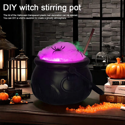 Cauldron Halloween Decor Black Plastic Cauldron with Handle Ball Ornaments Artificial Cotton Lights for Table Home Kitchen Room