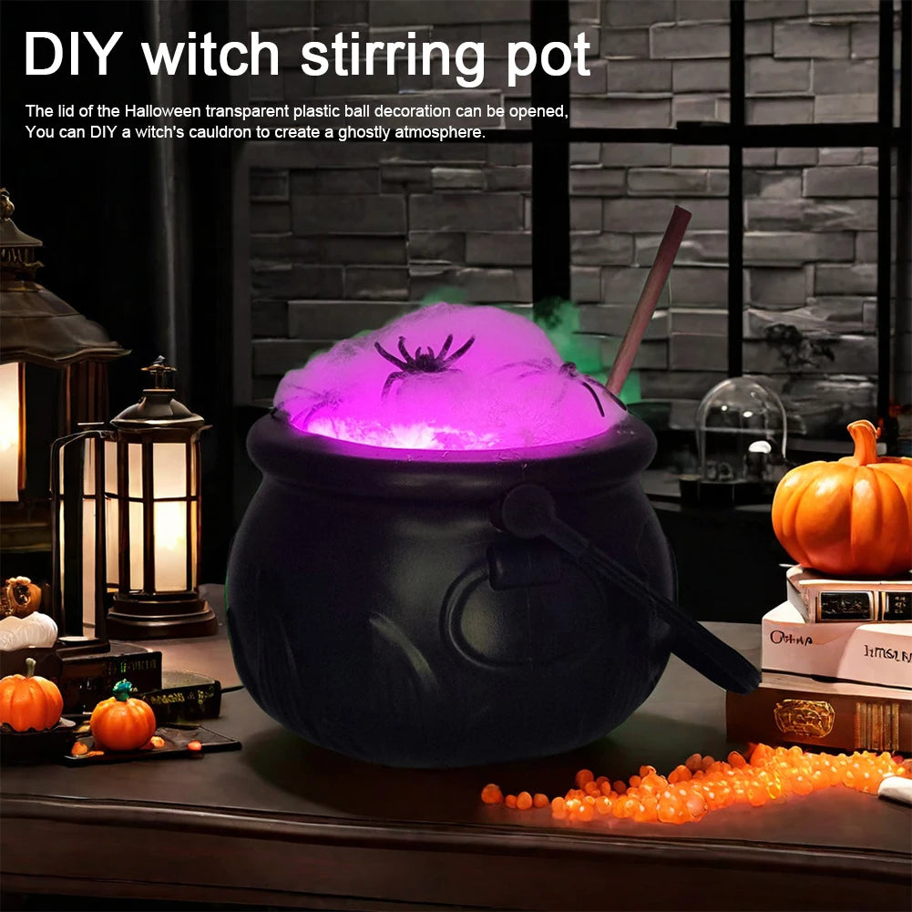 Cauldron Halloween Decor Black Plastic Cauldron with Handle Ball Ornaments Artificial Cotton Lights for Table Home Kitchen Room