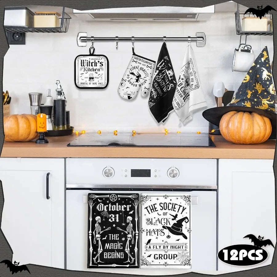 12 Pcs Halloween Kitchen Towels Pot Holders and Oven Mitts Set 4 Skeleton Dish Towels 4 Black Cat Oven Mitts 4 Witch's Kitchen