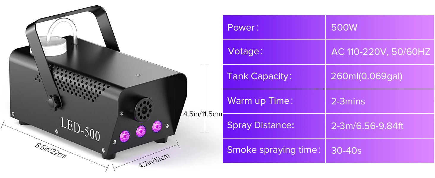 U'King 500W Smoke Machine RGB 3 LED Mixed Color Fog Machine with Remote Control Stage Smoke Ejector for Party DJ Disco Halloween