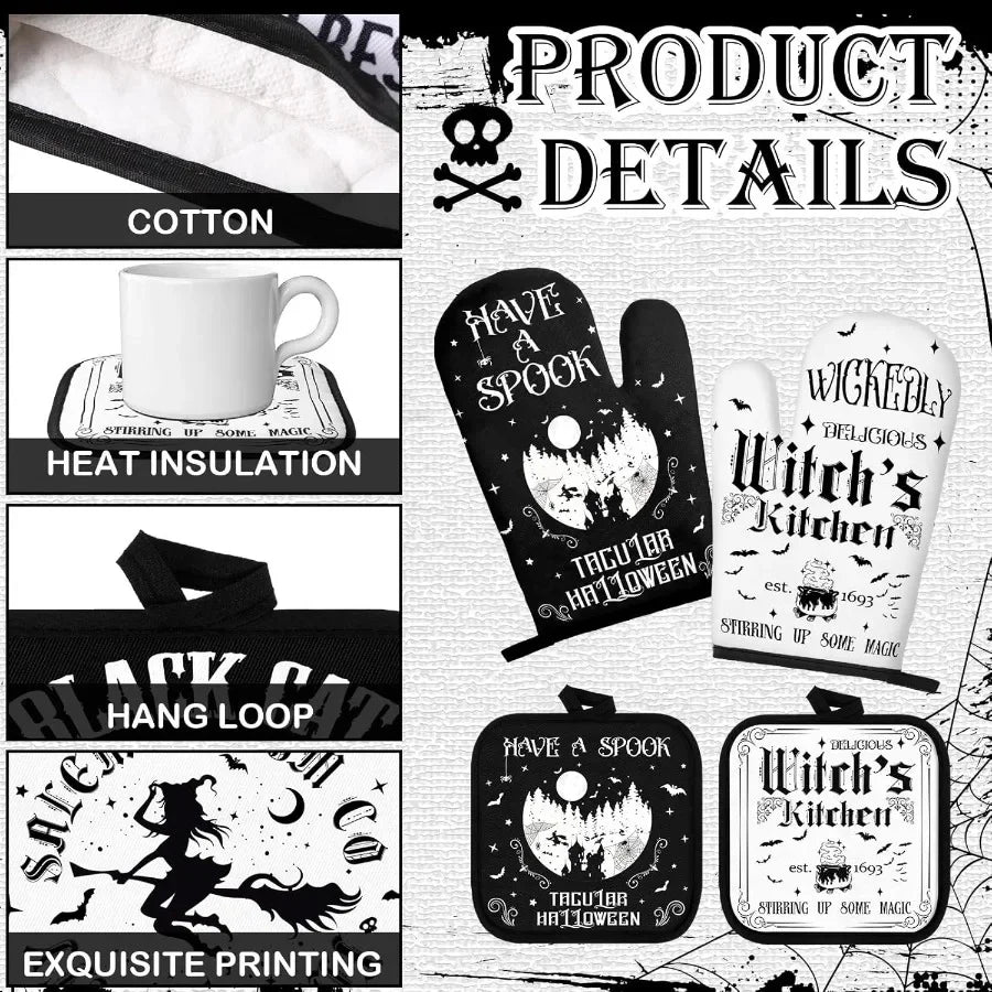 12 Pcs Halloween Kitchen Towels Pot Holders and Oven Mitts Set 4 Skeleton Dish Towels 4 Black Cat Oven Mitts 4 Witch's Kitchen